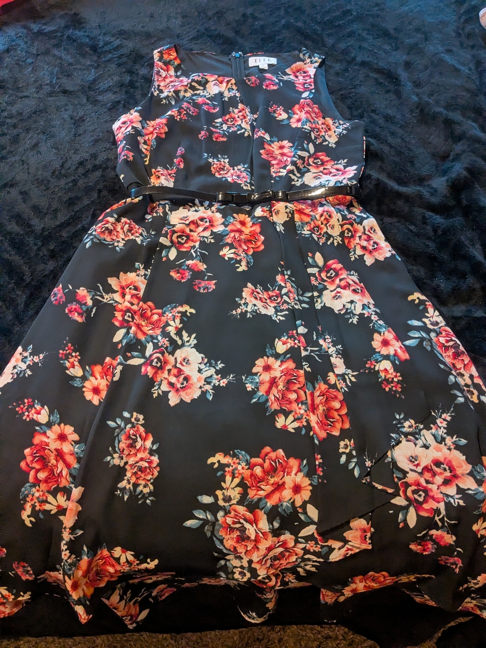 Elle Black With Pink Floral Fit-and-Flare Dress with Belt Size 10